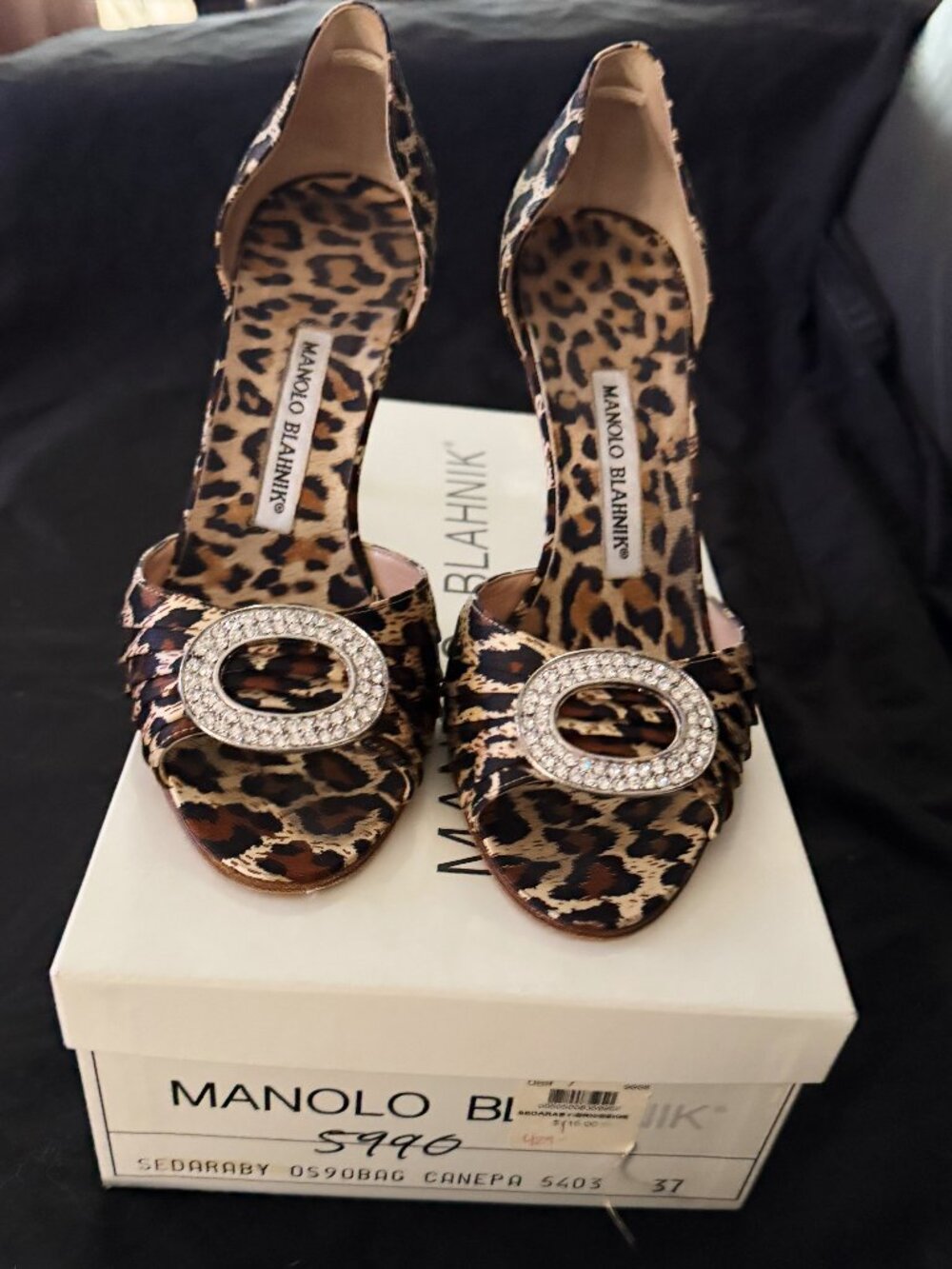 Manolo Blahnik Sedaraby Leopard Satin Crystal Buckle D’Orsay Heels IT Size 37